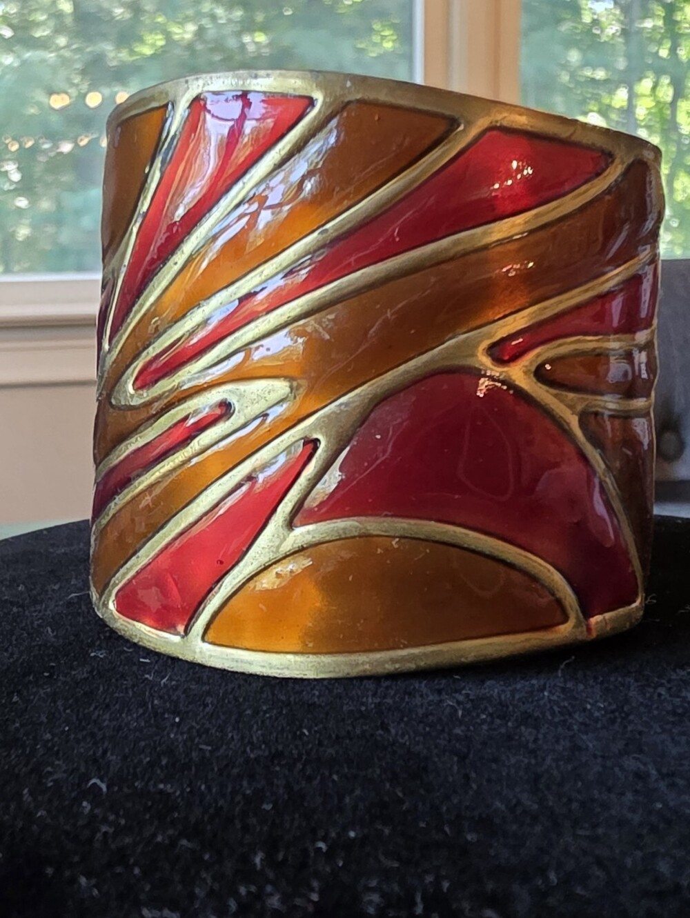 Vintage Style Red Orange Enamel Gold Tone Wide Cuff Bracelet